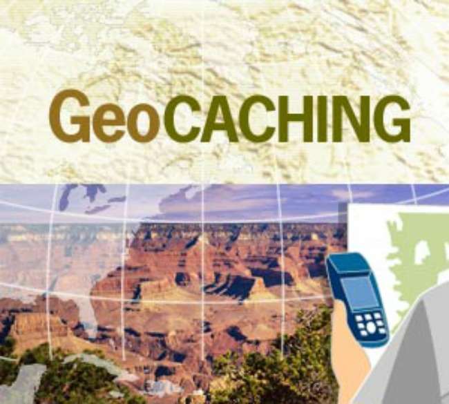 geocaching, cartoon man holding GPS, mounatin scene