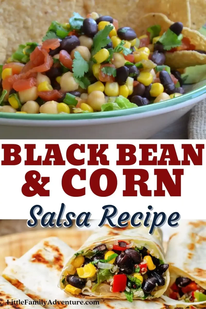 black bean corn salsa in bowl and shown in stacked burritos