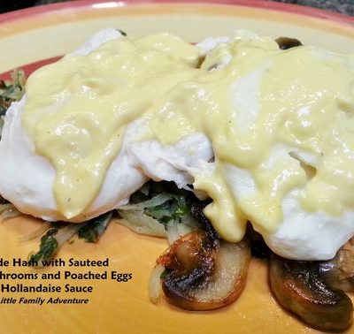 Verde (Potato & Kale) Hash with Sauteed Mushrooms, Poached Eggs, and Hollandaise Sauce