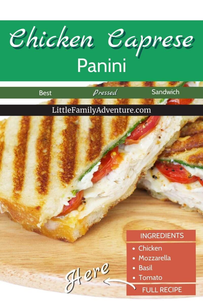 chicken caprese panini sandwich on wooden serving board