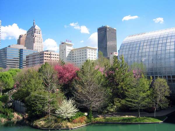 Myriad Garden and Crystal Bridge in front of Oklahoma City skyline