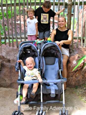 woman and young children around stroller