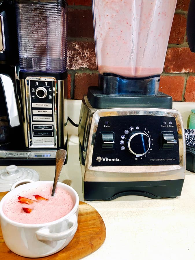 blender with strawberry soup