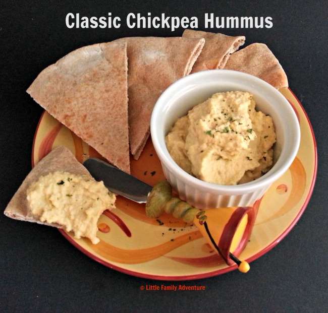 Classic Chickpea Hummus- A quick and easy dip, appetizer, or snack. Serve with pita bread, veggies, or use as a spread for sandwiches