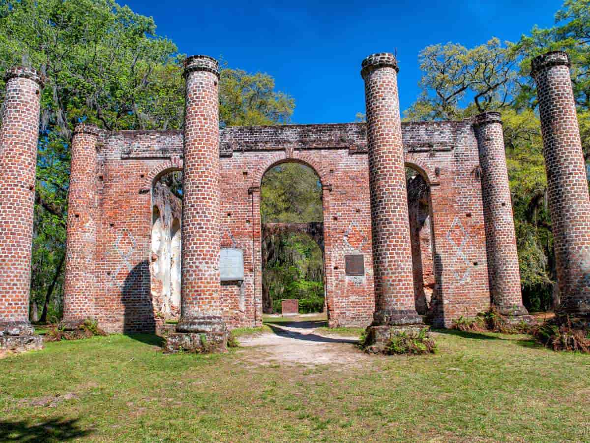 columns and ruins of red brick from Sheldon church in Beaufort South Carolina