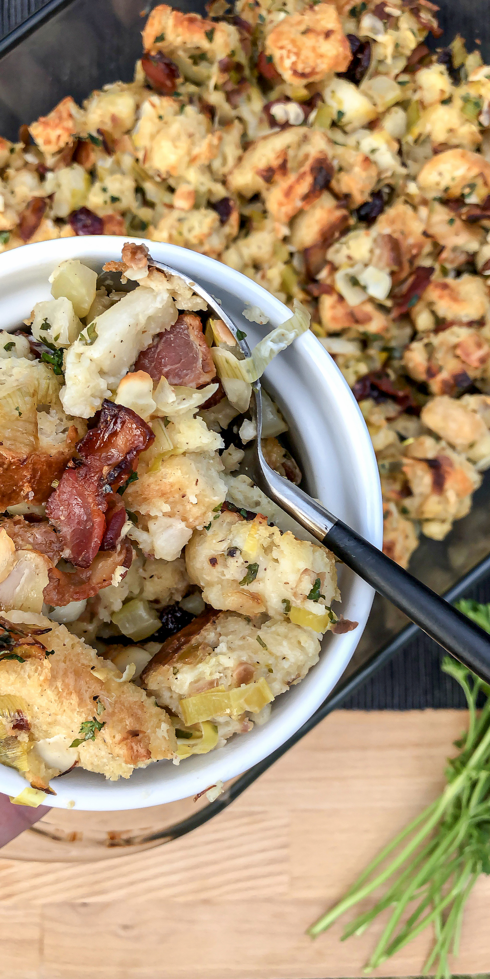 Bacon and Sourdough Stuffing Recipe with Dried Cranberries and Pear