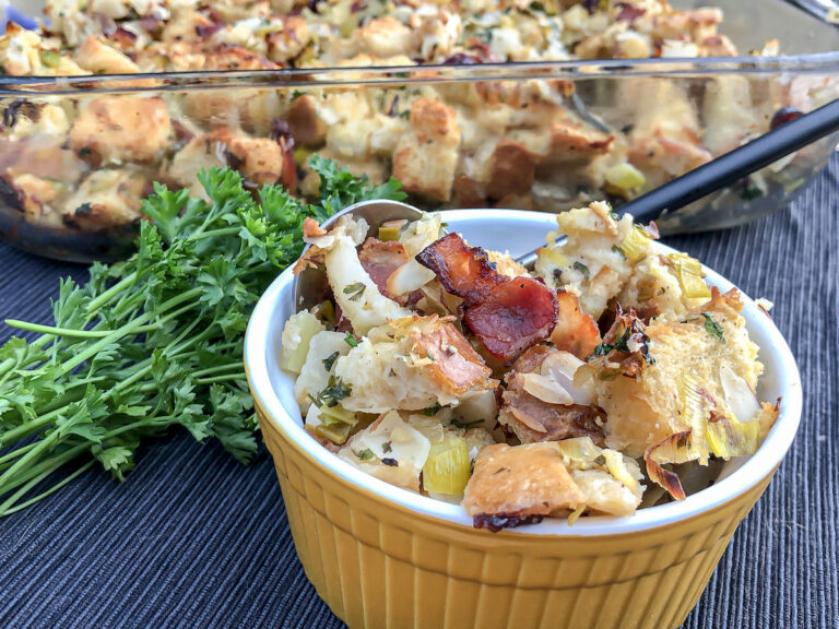 Bacon and Sourdough Stuffing Recipe with Dried Cranberries and Pear
