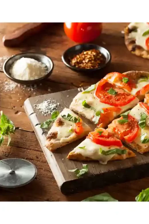 flatbread pizza on slate with tomatoes and cheese