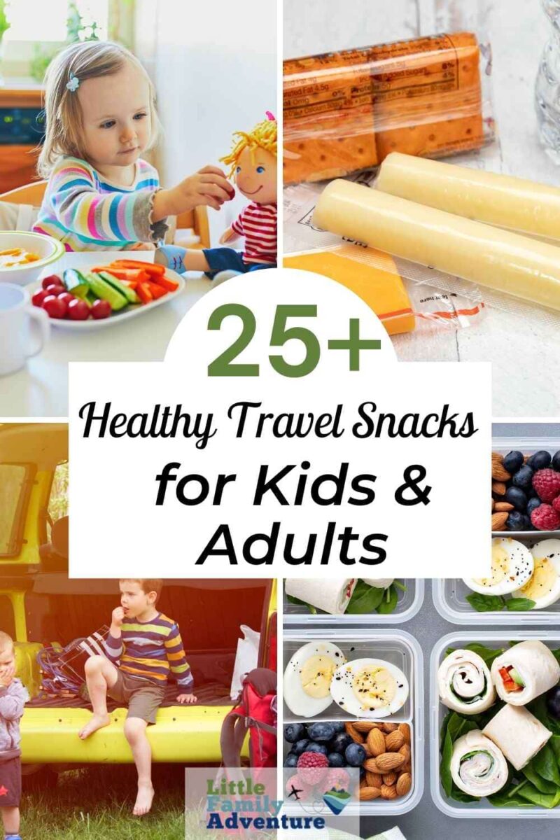 Pinterest collage for travel snack ideas for kids and adults with fresh fruits, cheese sticks, bento boxes