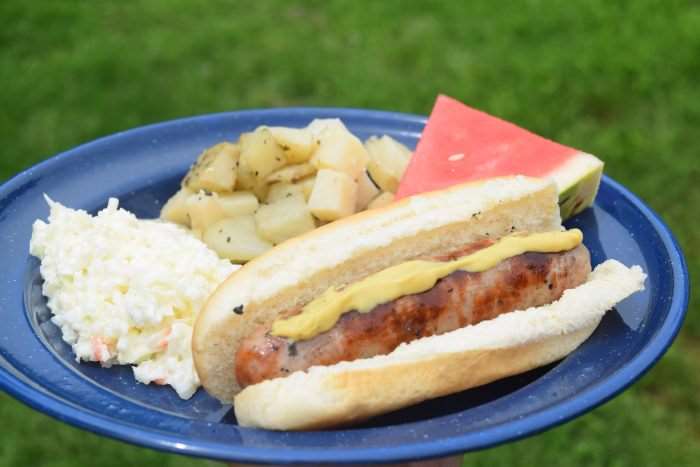 Grilled Brats, slaw, & potatoes | Camping Food: Meal Plan, Recipes, & Tips for a Weekend Campout | Everything you need to cook great food on your next campout; menu, printable grocery list, recipes, etc.