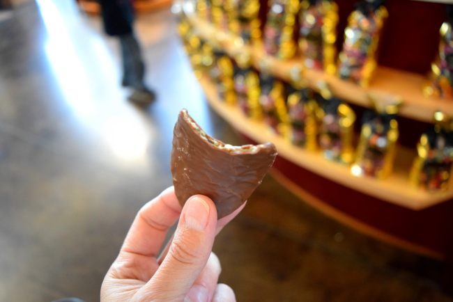 Chocolate covered potato chip  being held by person