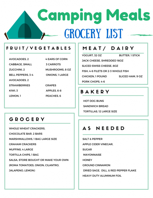 Another Camping Meal Plan - Camping Grocery List for 3 days worth of meals 