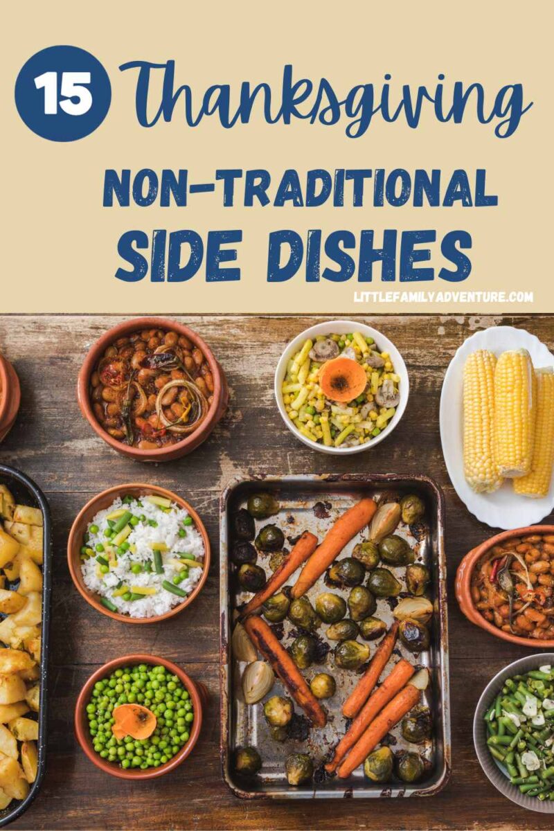 several nontraditional Thanksgiving side dishes on a wooden table including corn, brussels sprouts, rice