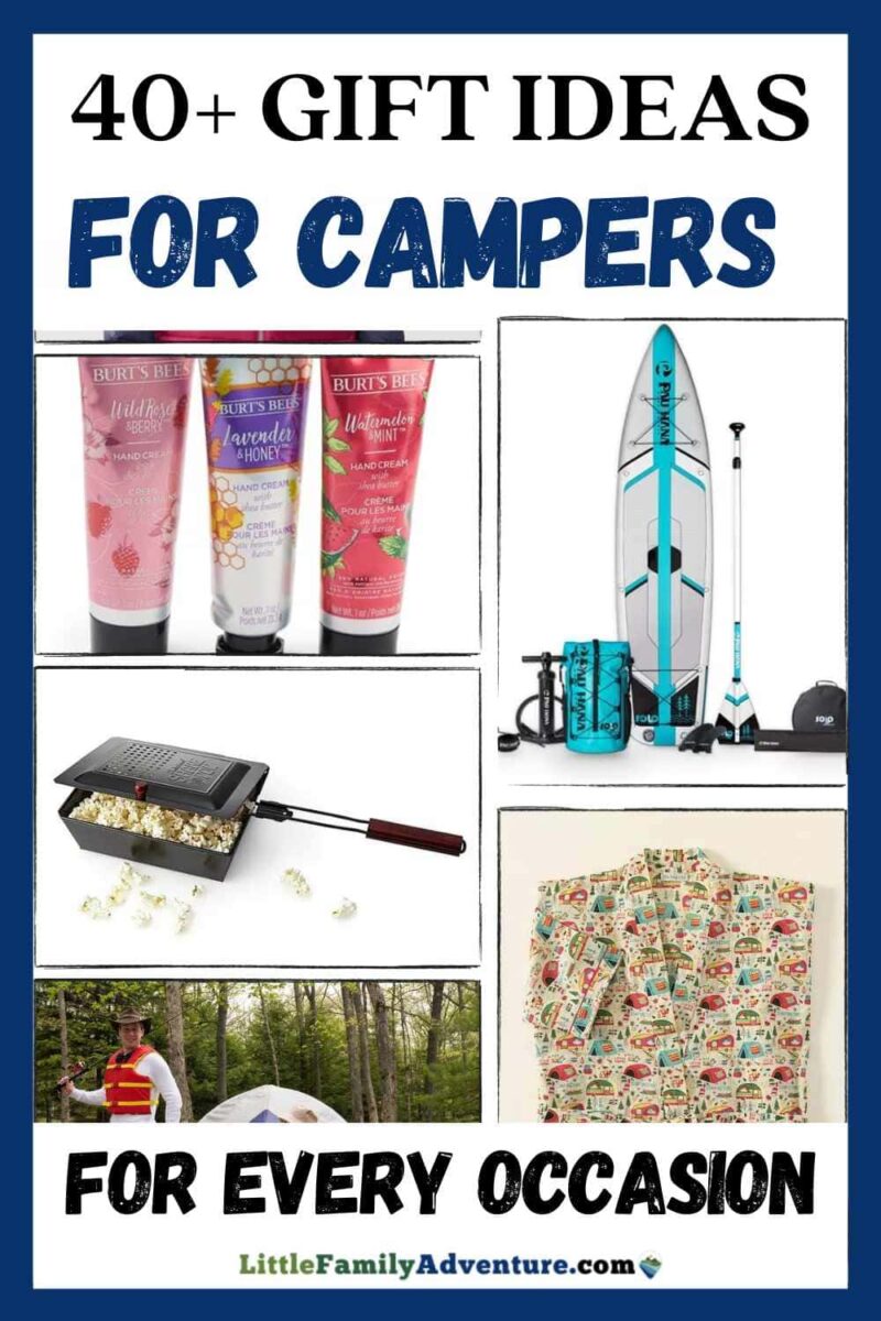 pinterest collage for gift ideas for campers with lotions, pajamas, popcorn popper, inflatable paddle board
