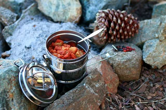Stew in stainless steel pot - campfire cooking