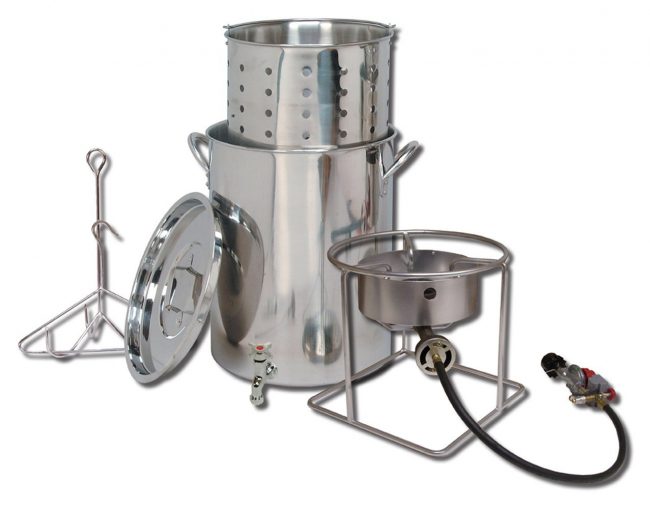 King Kooker steel cooker and propane burner to cook low country boil outdoors. 