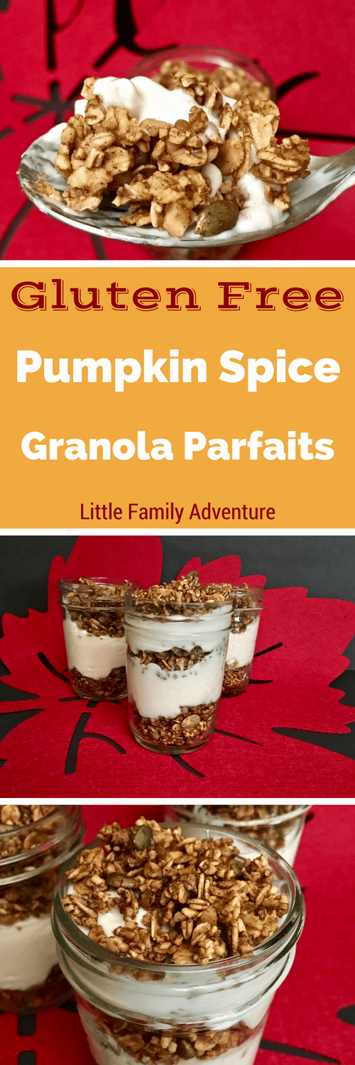 Pumpkin Spiced Gluten Free Granola & Parfaits - These simple yogurt parfaits are made with vanilla yogurt and pumpkin spice yogurt. Simple and delicious way to snack happy or start the day with a great breakfast