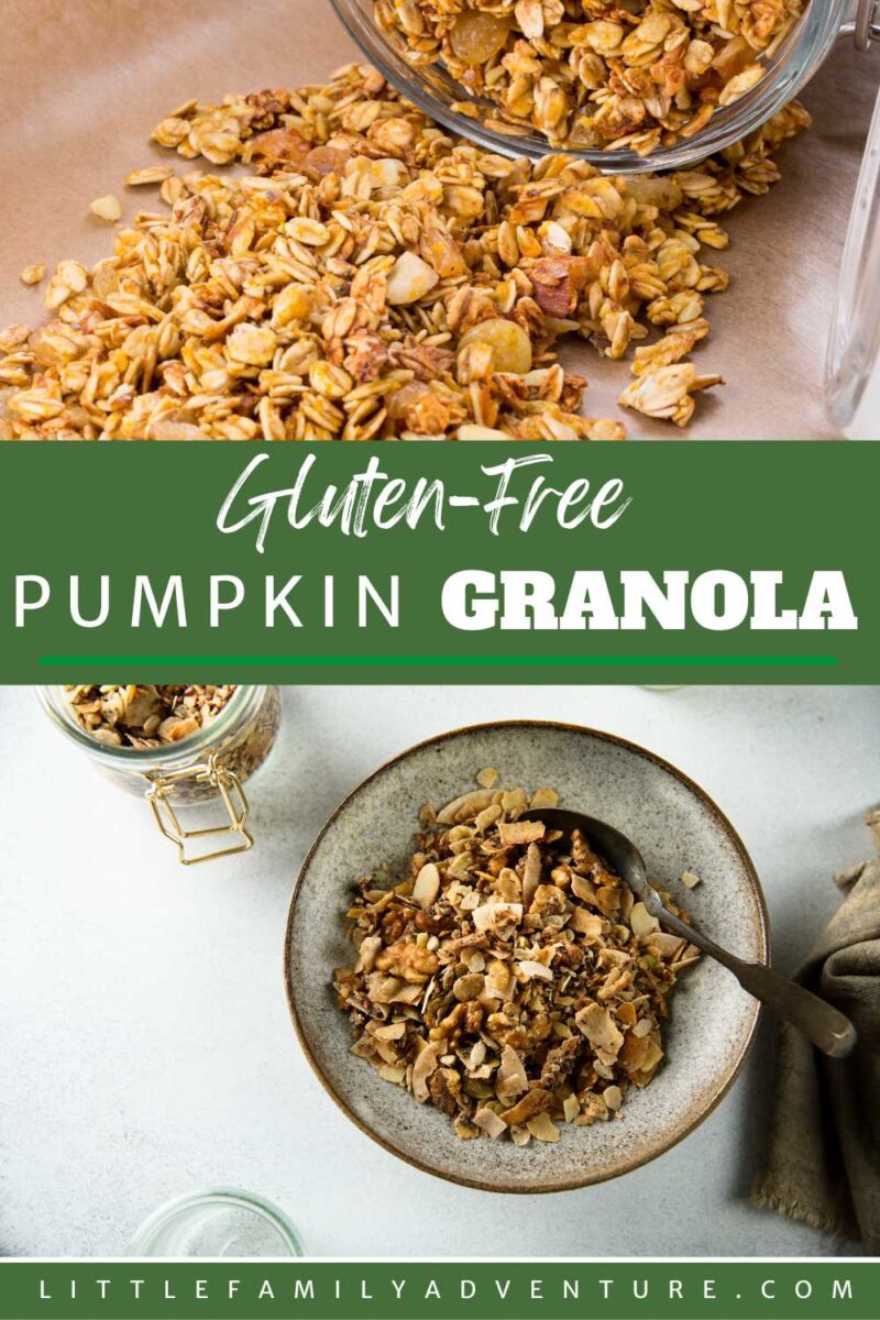 homemade gluten free pumpkin granola spilling out of glass container and granola in bowl with spoon