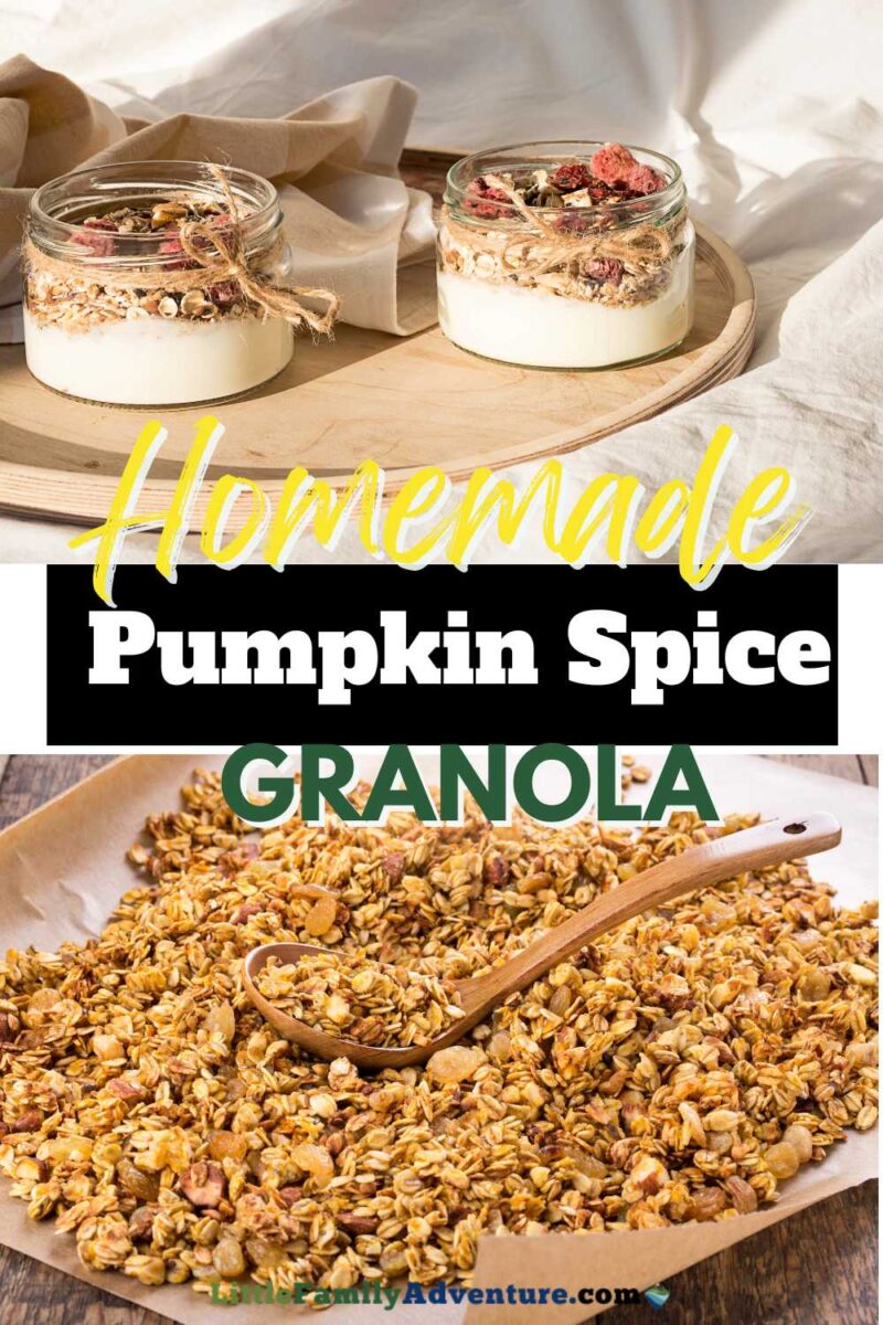 jars of pumpkin spice granola yogurt parfaits and a pan of baked pumpkin spice granola with wooden spoon