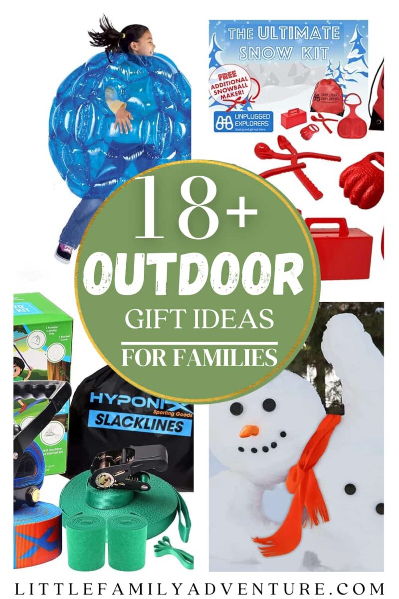 pinterest collage of outdoor gift ideas for families including an inflatable bubble, slackline, snowman kit, snowball makers