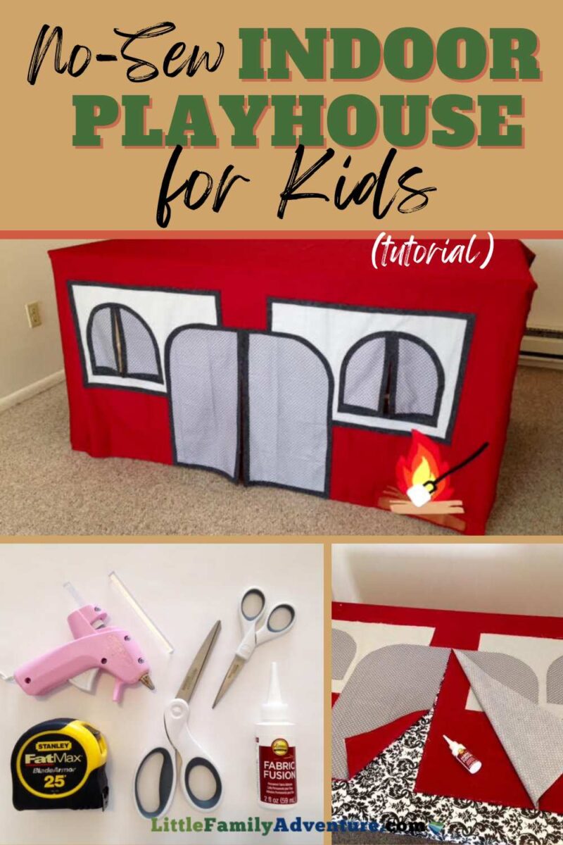 collage of glue gun, tape measure, scissors, and fabric to make indoor playhouse for kids