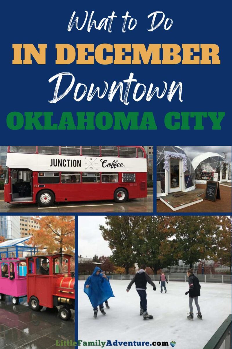 collage of food truck, christmas train, and outdoor ice skating in downtown oklahoma city in december