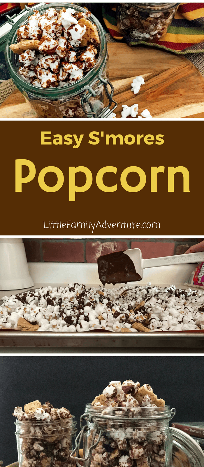 Easy S'mores Popcorn Snack mix - Popcorn drizzled with chocolate topped with more chocolate chips, mini marshmallows, and crushed graham crackers will rock your taste buds! 