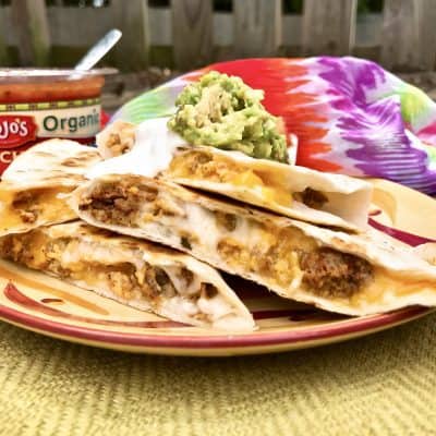 Camping Breakfast Quesadillas - cheesy goodness that sound good any time of day so why not for breakfast. Chorizo, eggs, salsa and lots of cheese