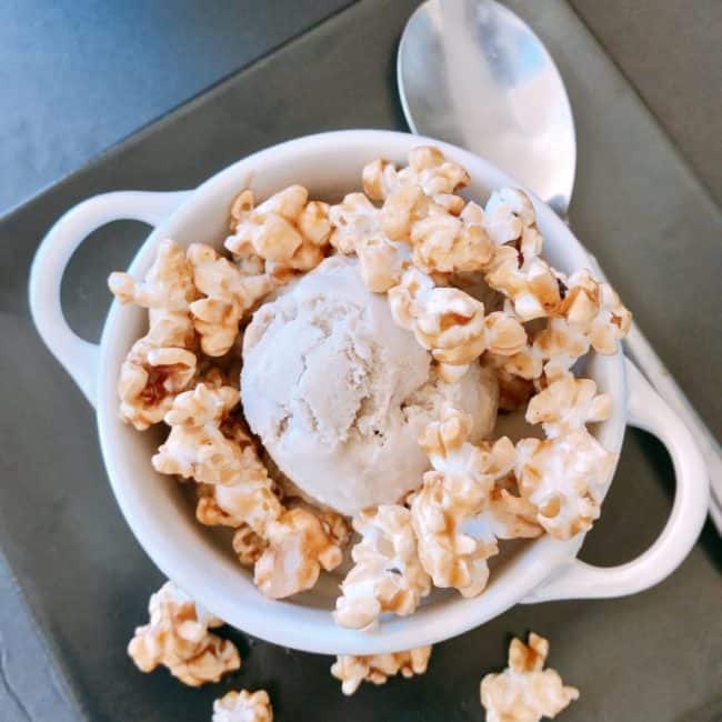 Brown Sugar Ice Cream with Caramel Popcorn inspired by the Steen’s Cane Syrup Caramel Popcorn Dome from Fisher's Upstairs at Orange Beach Marina - Vegan coconut ice cream with a simple vegan caramel topping. Delicious , just delicious!!!