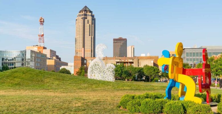 Des Moines skyline with colorful sculpture in foreground