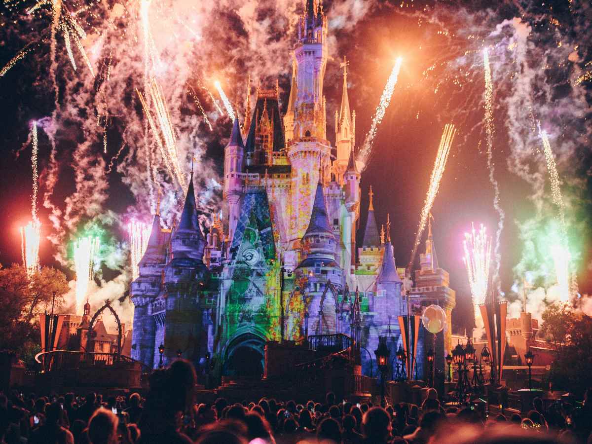 Disney castle at night with fireworks