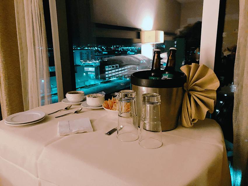 Room Service Cart with Local brews and appetizers from the Anaheim Hilton