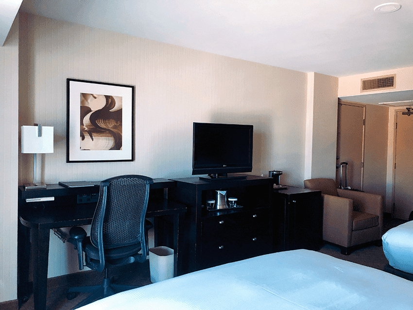 Desk area and flat screen TV inside a room at Anaheim Hilton