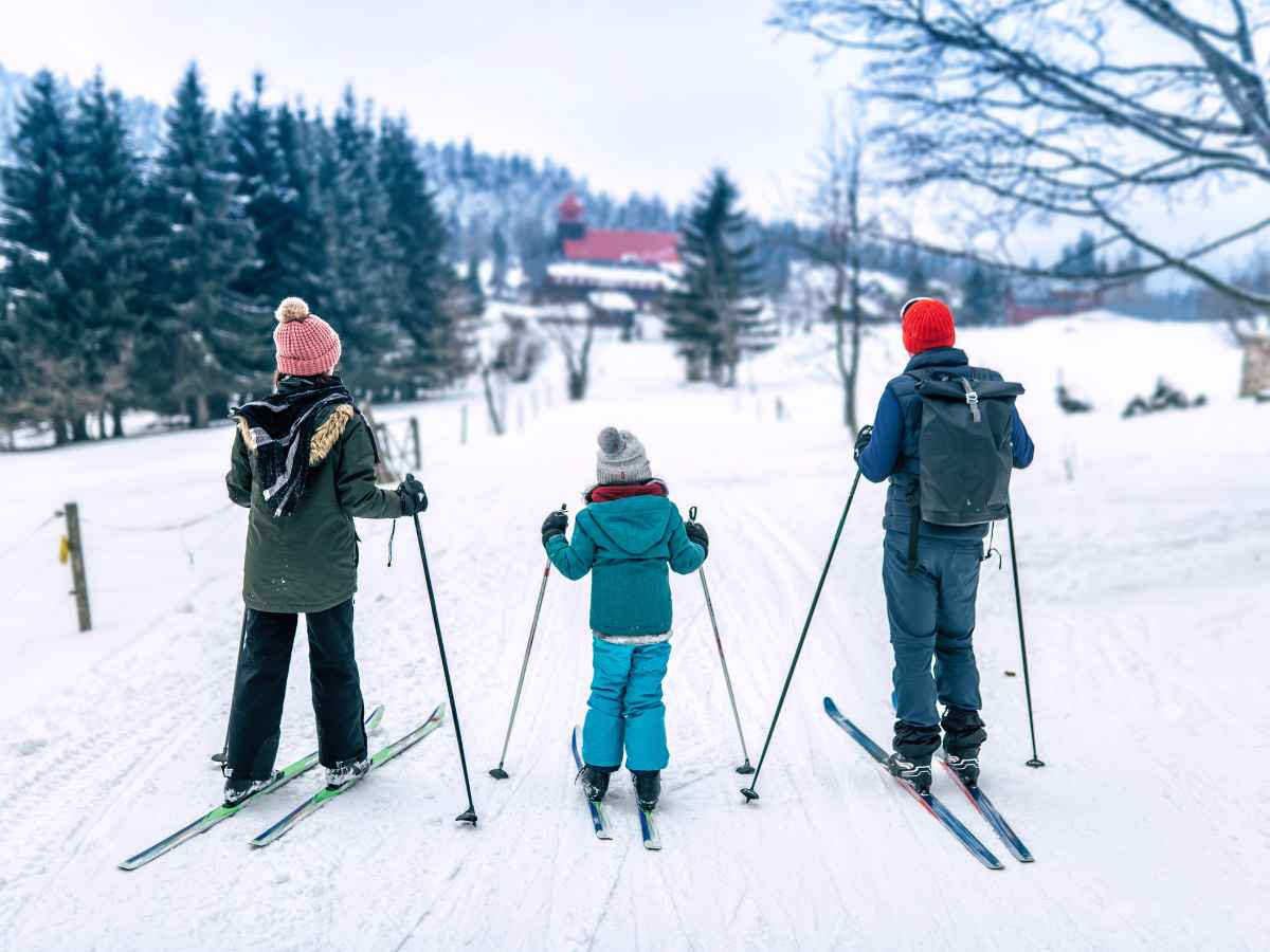 family cross country skiing with poles in a colorado winter mountain valley