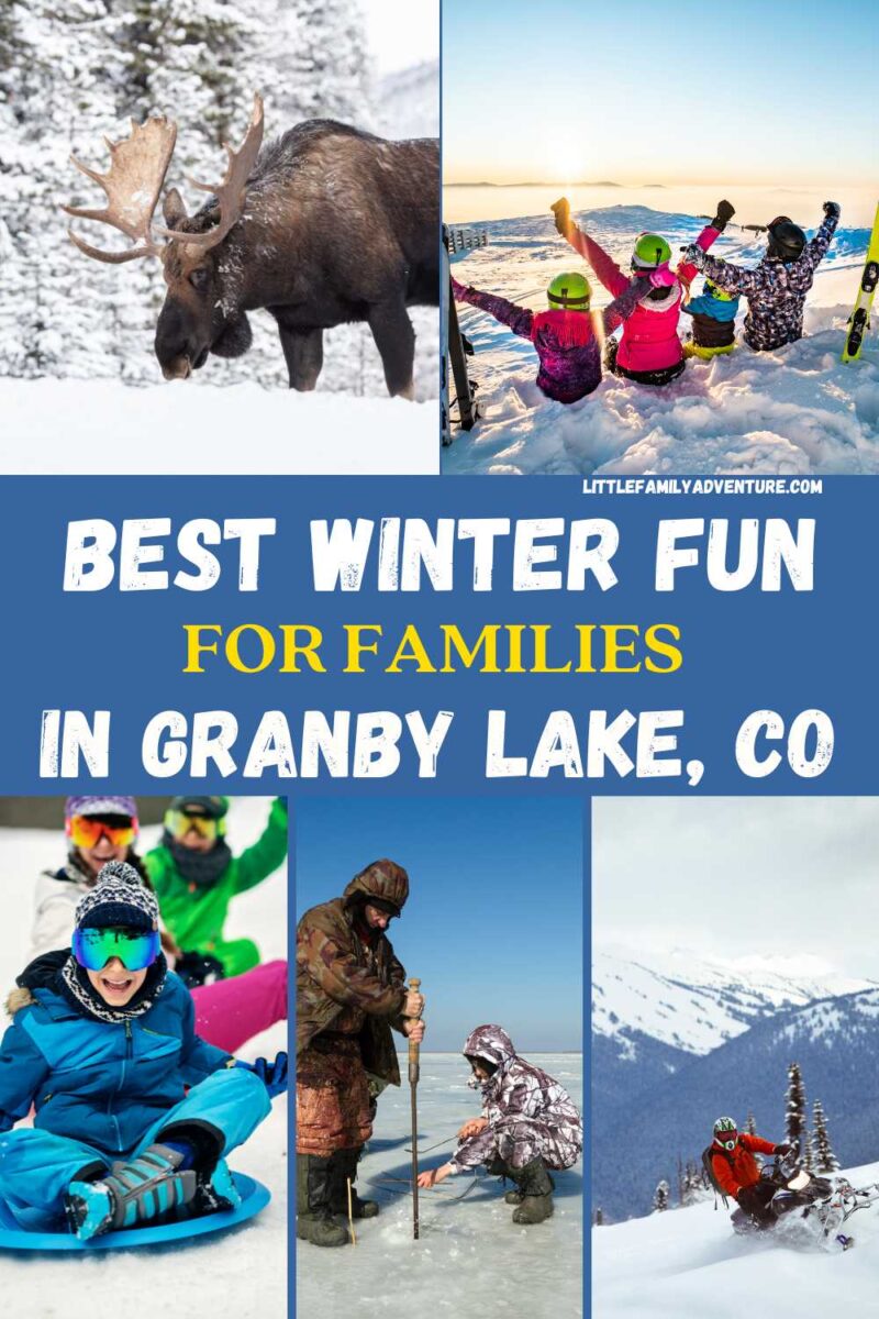Granby Lake winter activities photo collage of moose, skiing, sledding, ice fishing, and snowmobiling
