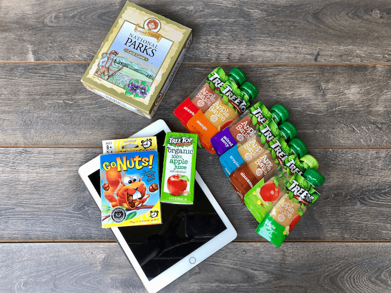 apple sauce and juice pouches, ipad, and travel games