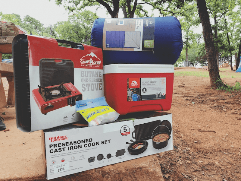 Family camping essentials - tent, sleeping bag, cookware, camping stove