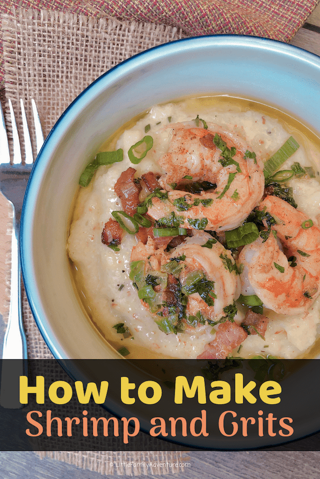 A quick and easy recipe for the ultimate Southern comfort food classic - Shrimp and Grits. Learn how to make shrimp & grits witht his recipe with bacon. Cajun seasoning, and loaded of cheesy goodness. #cajunfood #quickrecipe #shrimp #seafood #cheese