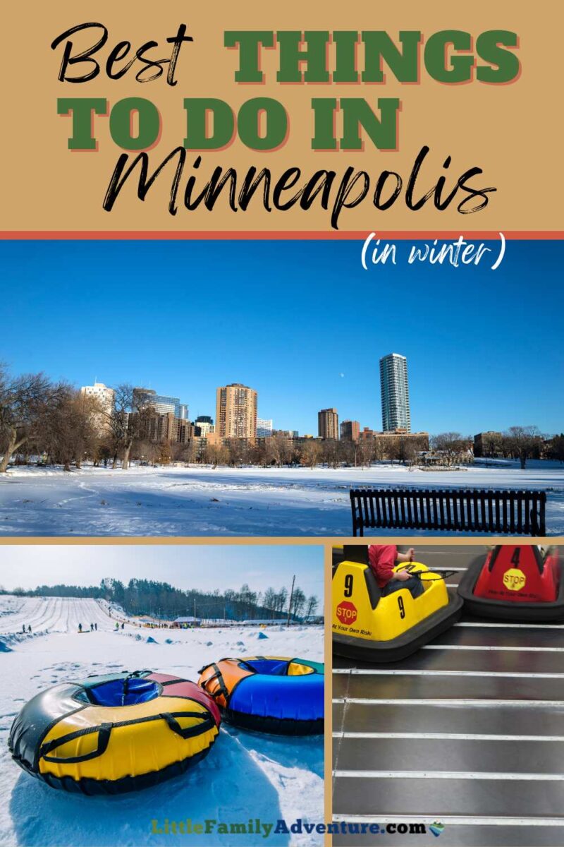 collage of pictures and things to do in minneapolis inluding sno w tubing and whirlyball