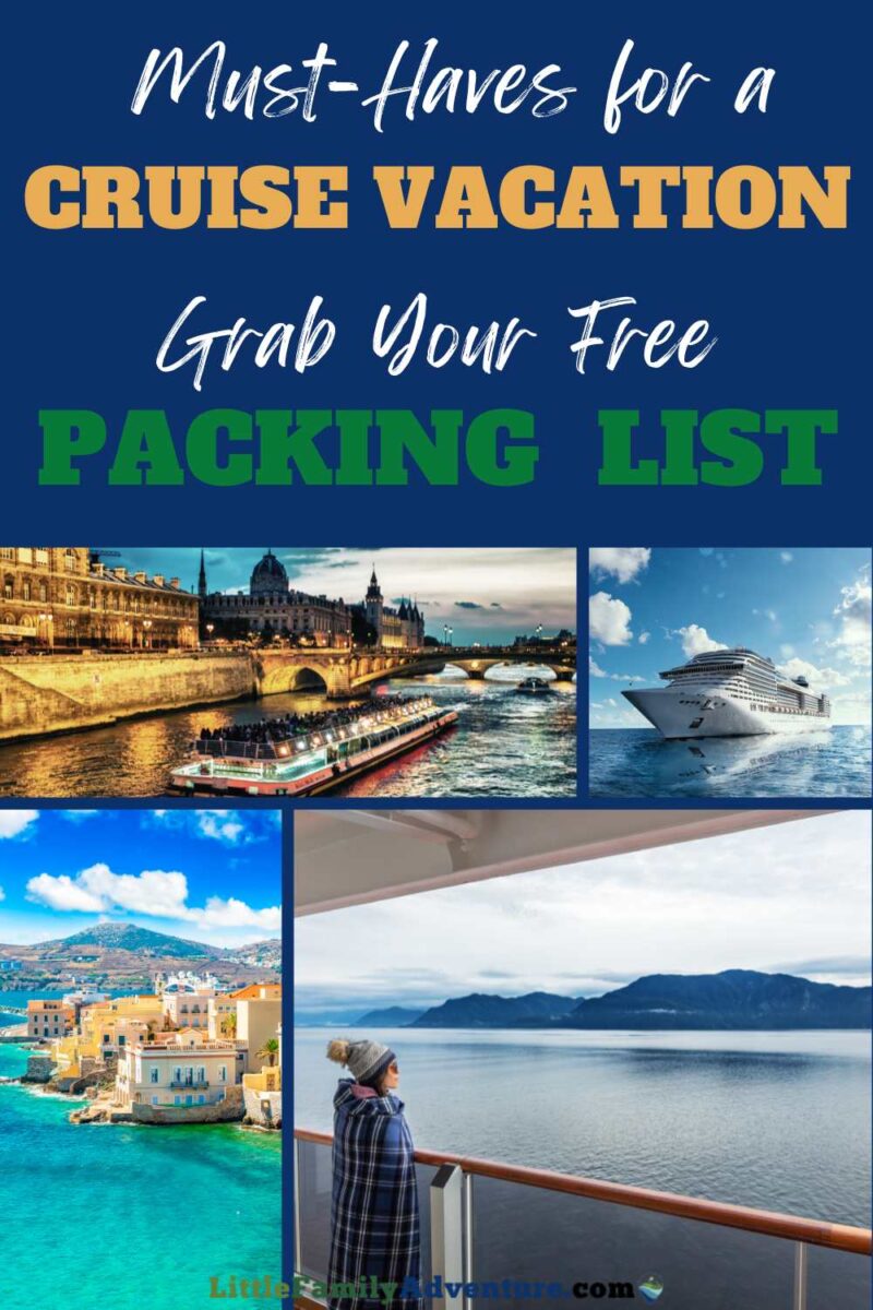 collage of cruise vacations and title of cruise packing list