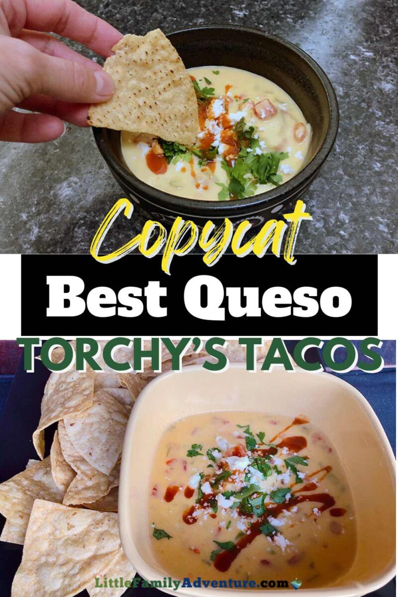 woman dipping tortilla chip in queso dip with garnishes and white bowl of queso dip with tortilla chips on the side