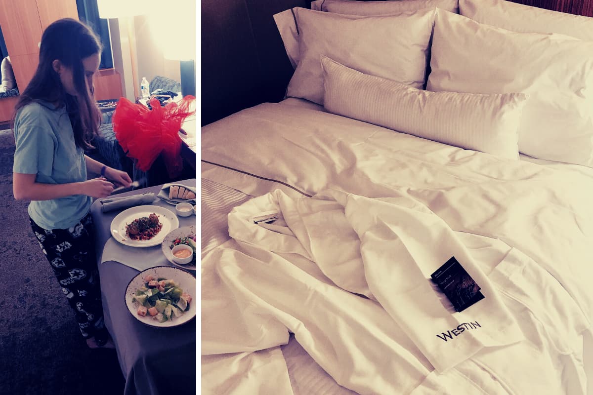 room service cart and Westin hotel robe