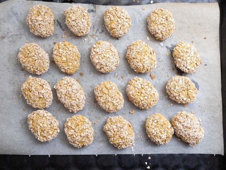 chickpea nuggets on baking sheet