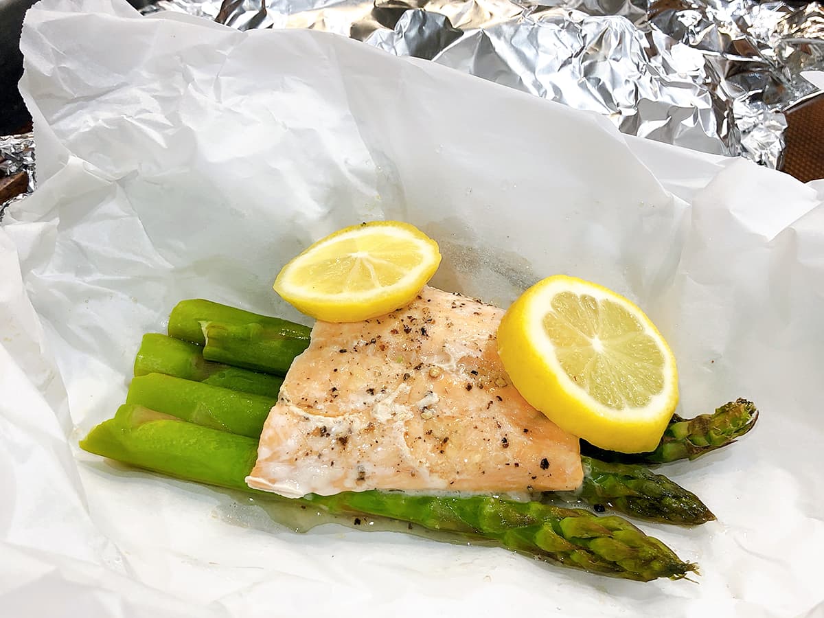 Grilled Salmon and Asparagus in Foil Packets and parchment paper
