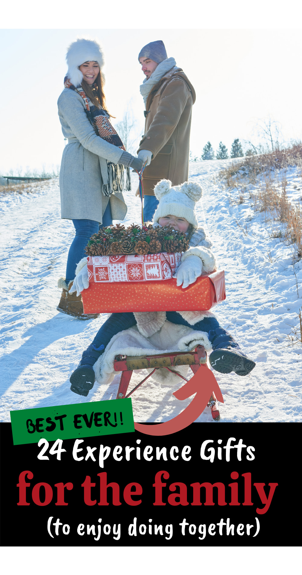 parents pulling a child on a sled with gifts