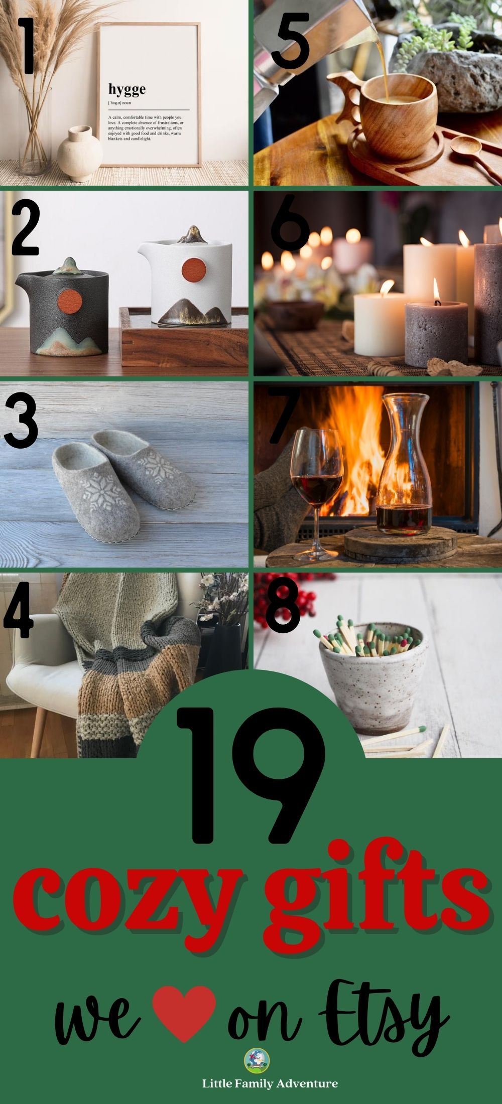 hygge gifts ideas with candle, decor, knit blankets, fire, and stoneware