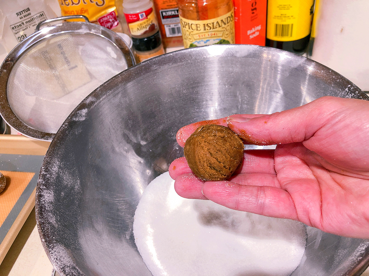holding a gingerbread cookie dough ball