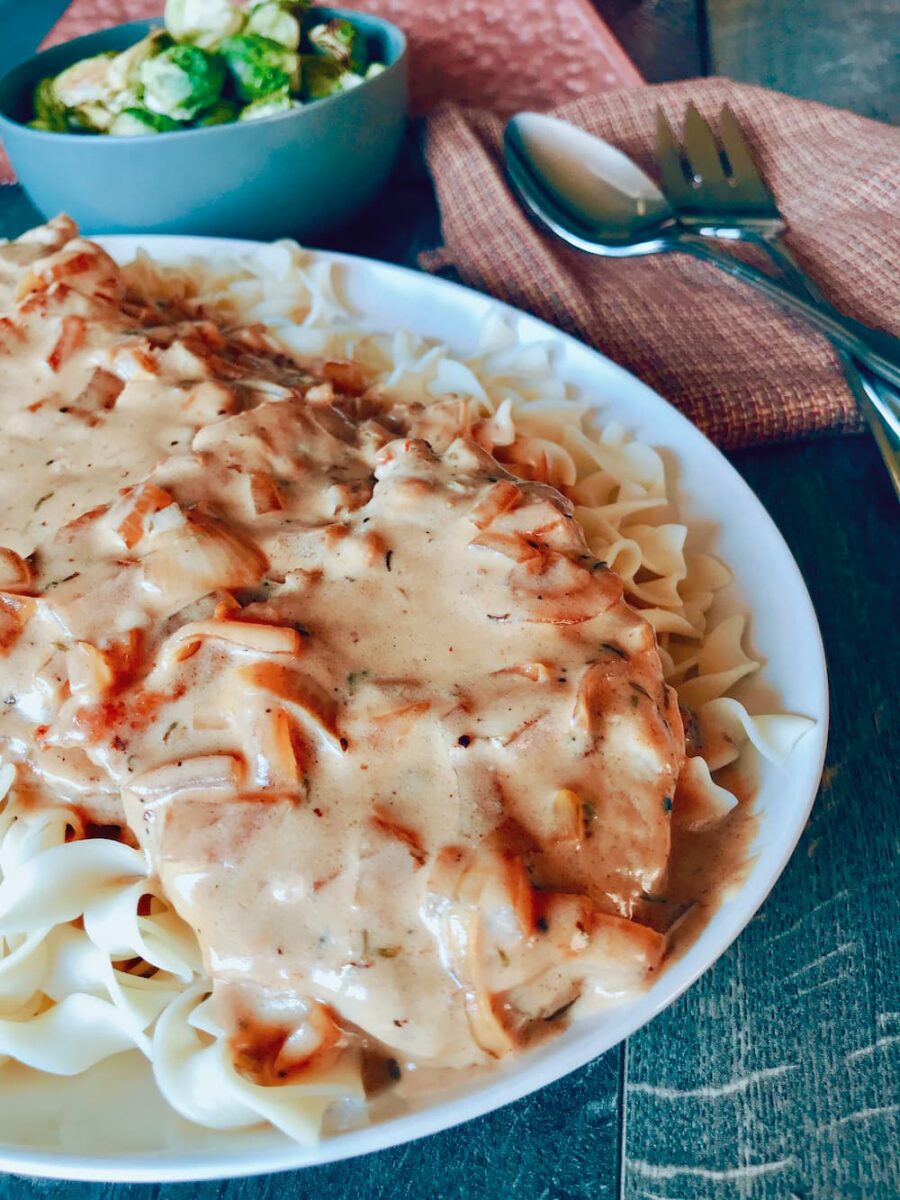 pork cutlet with gravy over noodles