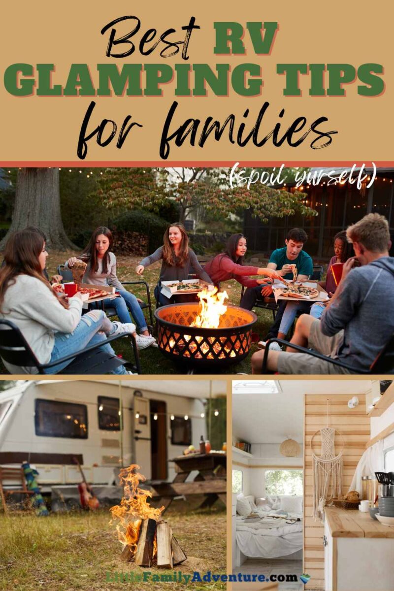 collage of families glamping RV with fire pit and cozy indoor decorations