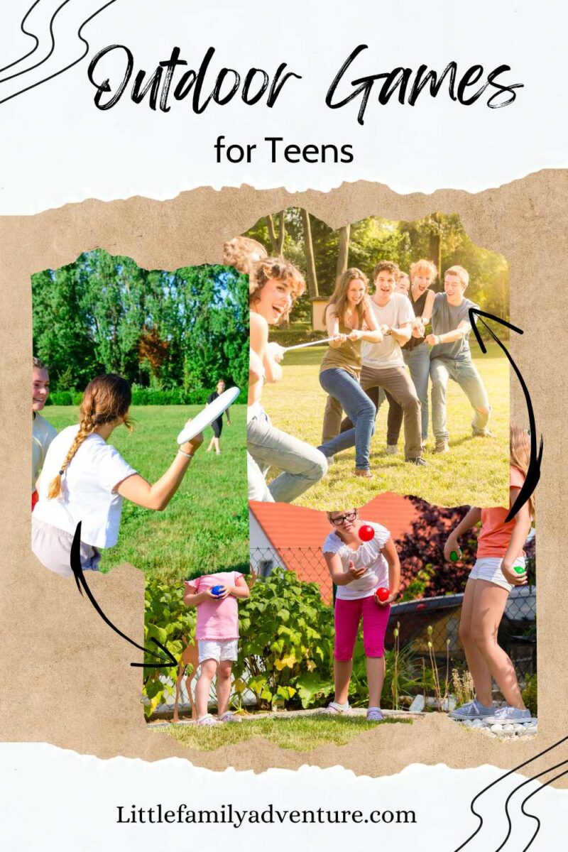 collage of outdoor games for teens such as frisbee, bocce ball, and tug of war